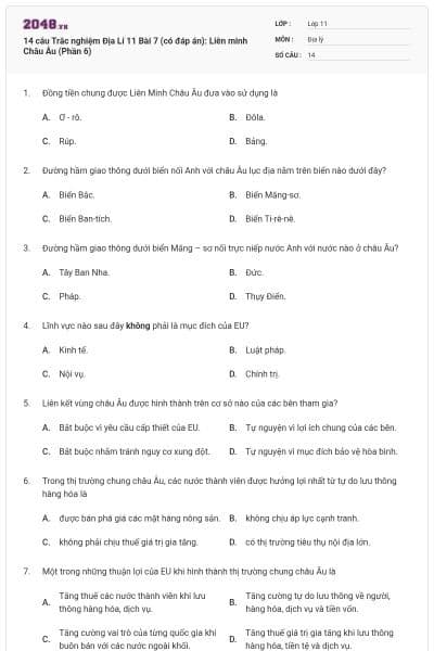 14 câu  Trắc nghiệm Địa Lí 11 Bài 7 (có đáp án): Liên minh Châu Âu (Phần 6)