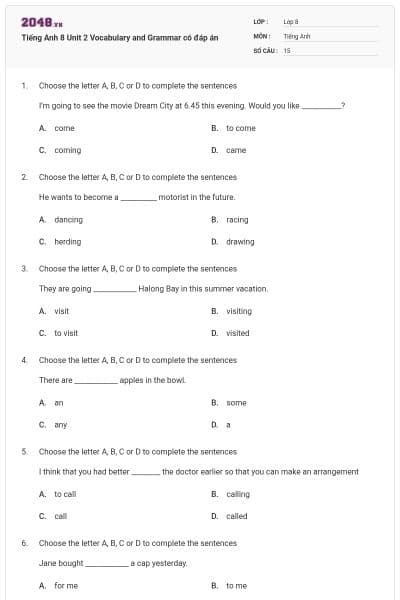 Tiếng Anh 8 Unit 2 Vocabulary and Grammar có đáp án
