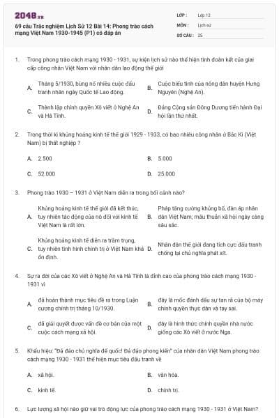 69 câu Trắc nghiệm Lịch Sử 12 Bài 14: Phong trào cách mạng Việt Nam 1930-1945 (P1) có đáp án
