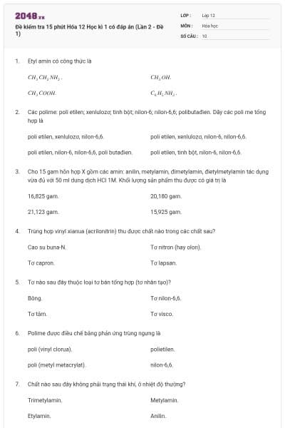Đề kiểm tra 15 phút Hóa 12 Học kì 1 có đáp án (Lần 2 - Đề 1)