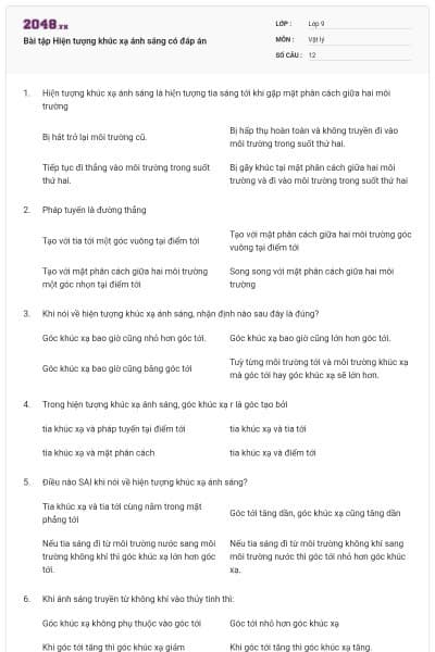 Bài tập Hiện tượng khúc xạ ánh sáng có đáp án