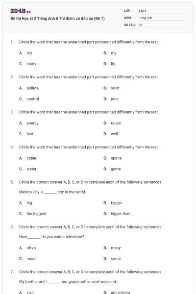 Đề thi Học kì 2 Tiếng Anh 6 Thí điểm có đáp án (Đề 1)