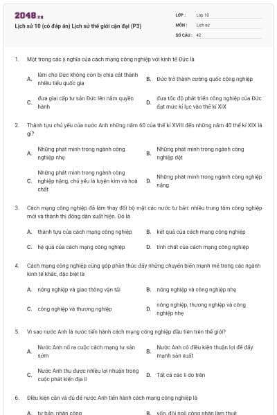 Lịch sử 10 (có đáp án) Lịch sử thế giới cận đại (P3)
