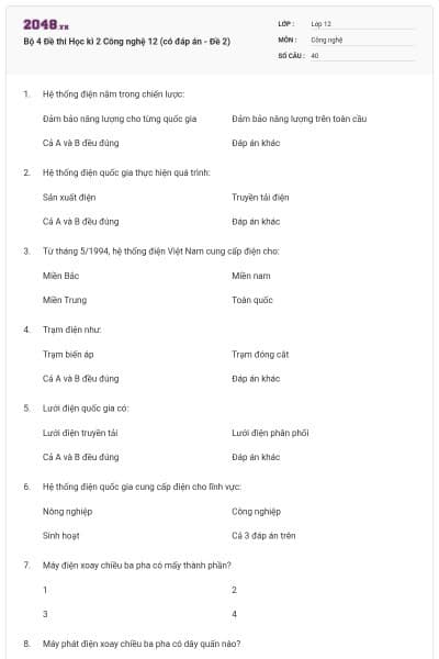 Bộ 4 Đề thi Học kì 2 Công nghệ 12 (có đáp án - Đề 2)