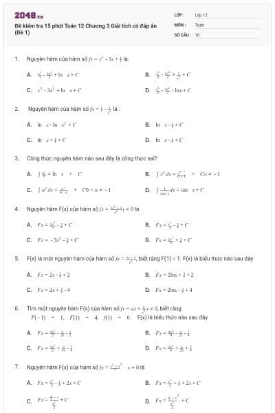 Đề kiểm tra 15 phút Toán 12 Chương 3 Giải tích có đáp án (Đề 1)