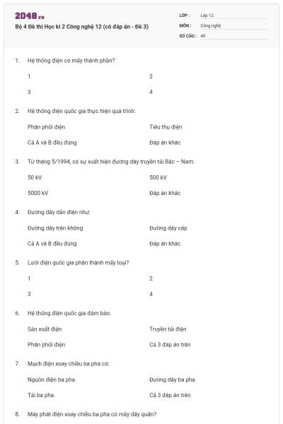 Bộ 4 Đề thi Học kì 2 Công nghệ 12 (có đáp án - Đề 3)