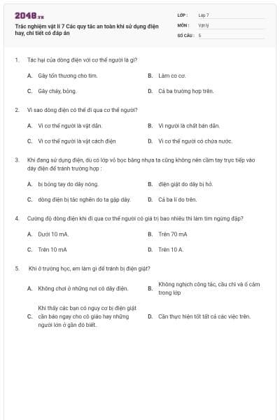 Trắc nghiệm vật lí 7 Các quy tắc an toàn khi sử dụng điện hay, chi tiết có đáp án