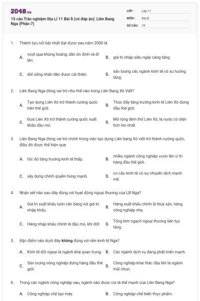 15 câu  Trắc nghiệm Địa Lí 11 Bài 8 (có đáp án): Liên Bang Nga (Phần 7)