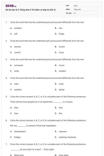 Đề thi Học kì 2 Tiếng Anh 6 Thí điểm có đáp án (Đề 4)