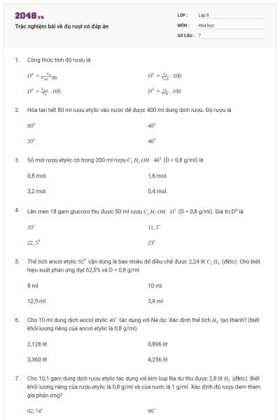 Trắc nghiệm bài về đọ rượi có đáp án