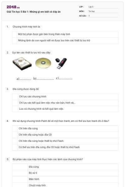 Giải Tin học 5 Bài 1: Những gì em biết có đáp án