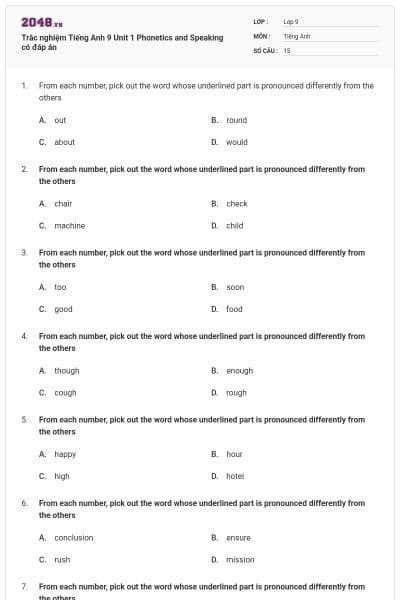 Trắc nghiệm Tiếng Anh 9 Unit 1 Phonetics and Speaking có đáp án