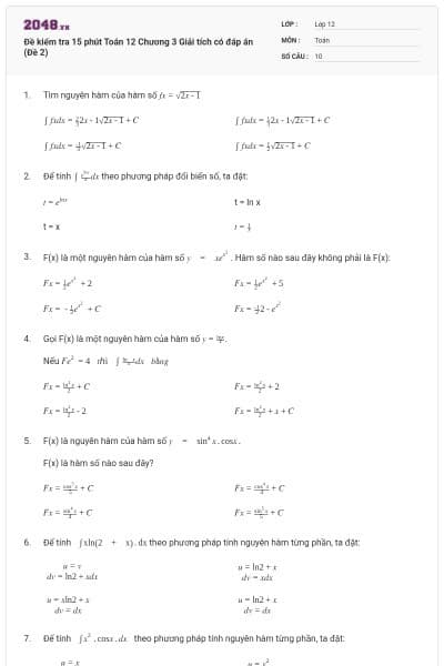 Đề kiểm tra 15 phút Toán 12 Chương 3 Giải tích có đáp án (Đề 2)