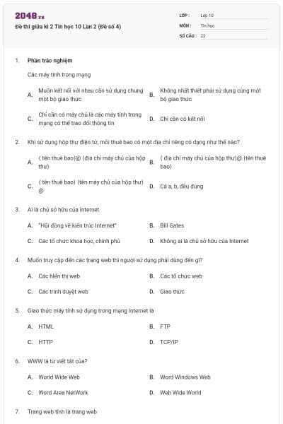 Đề thi giữa kì 2 Tin học 10 Lần 2 (Đề số 4)