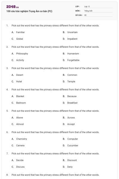 100 câu trắc nghiệm Trọng Âm cơ bản (P2)