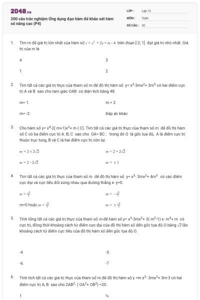 200 câu trắc nghiệm Ứng dụng đạo hàm để khảo sát hàm số nâng cao (P4)