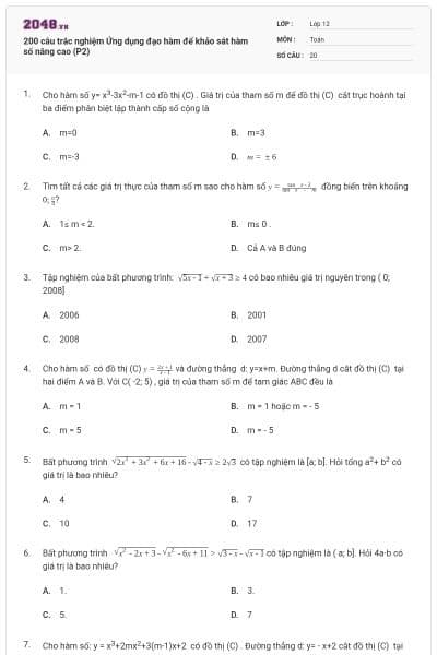 200 câu trắc nghiệm Ứng dụng đạo hàm để khảo sát hàm số nâng cao (P2)