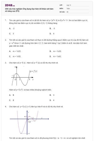 200 câu trắc nghiệm Ứng dụng đạo hàm để khảo sát hàm số nâng cao (P3)