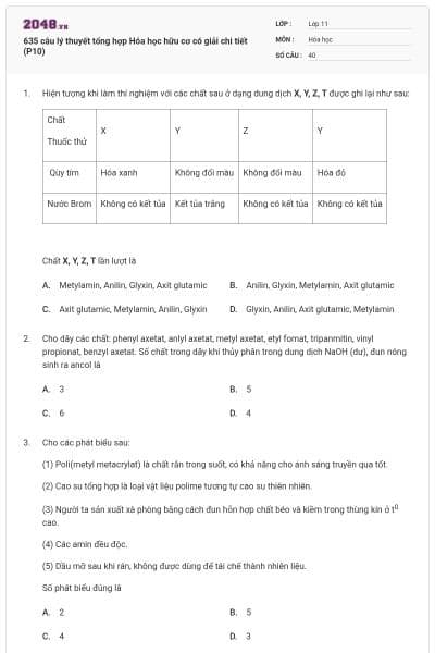635 câu lý thuyết tổng hợp Hóa học hữu cơ có giải chi tiết (P10)