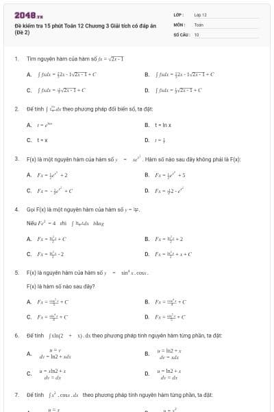 Đề kiểm tra 15 phút Toán 12 Chương 3 Giải tích có đáp án (Đề 2)