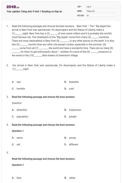 Trắc nghiệm Tiếng Anh 9 Unit 1 Reading có đáp án