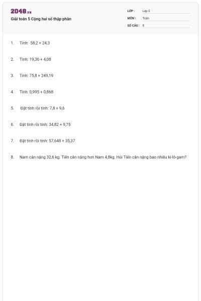 Giải toán 5 Cộng hai số thập phân