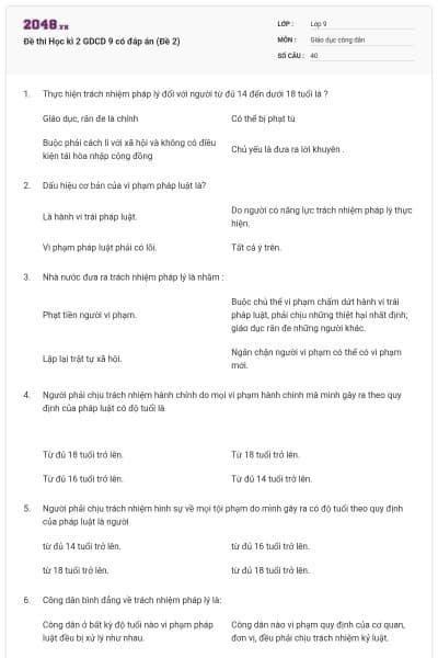 Đề thi Học kì 2 GDCD 9 có đáp án (Đề 2)