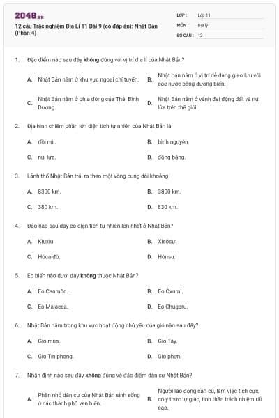 12 câu  Trắc nghiệm Địa Lí 11 Bài 9 (có đáp án): Nhật Bản (Phần 4)