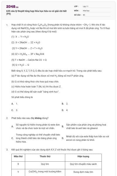 635 câu lý thuyết tổng hợp Hóa học hữu cơ có giải chi tiết (P9)