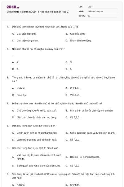 Đề kiểm tra 15 phút GDCD 11 Học kì 2 (có đáp án - Đề 2)