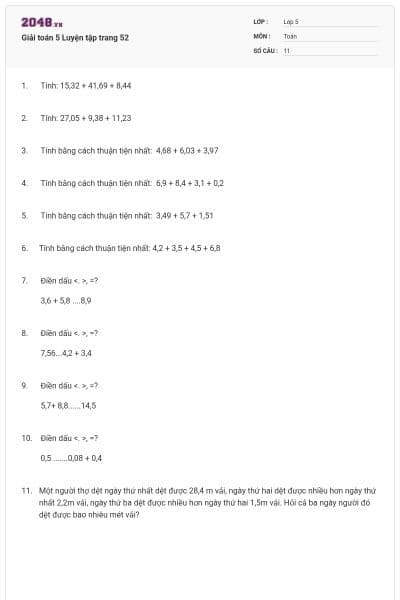 Giải toán 5 Luyện tập trang 52