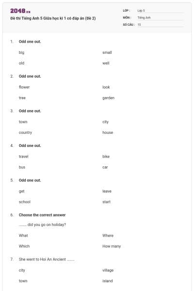 Đề thi Tiếng Anh 5 Giữa học kì 1 có đáp án (Đề 2)