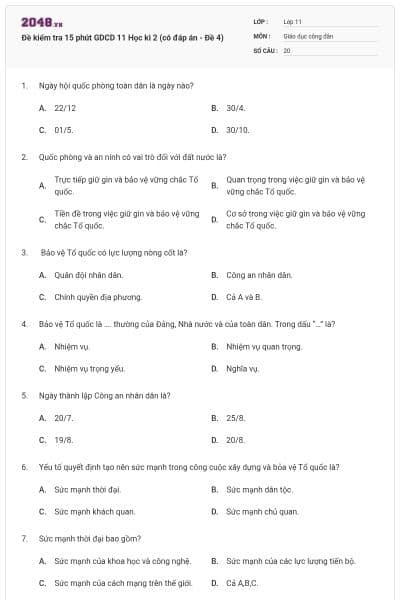 Đề kiểm tra 15 phút GDCD 11 Học kì 2 (có đáp án - Đề 4)