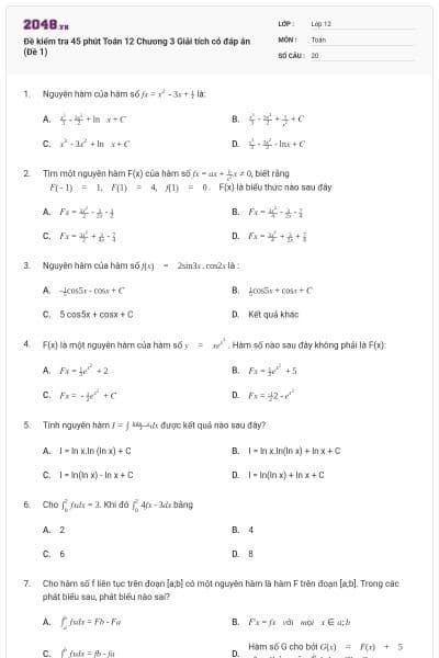 Đề kiểm tra 45 phút Toán 12 Chương 3 Giải tích có đáp án (Đề 1)