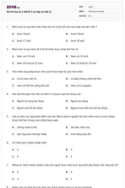 Đề thi Học kì 2 GDCD 9 có đáp án (Đề 3)