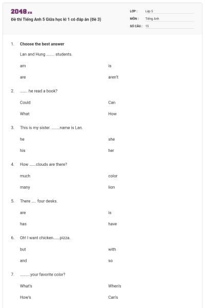 Đề thi Tiếng Anh 5 Giữa học kì 1 có đáp án (Đề 3)