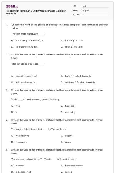 Trắc nghiệm Tiếng Anh 9 Unit 2 Vocabulary and Grammar có đáp án