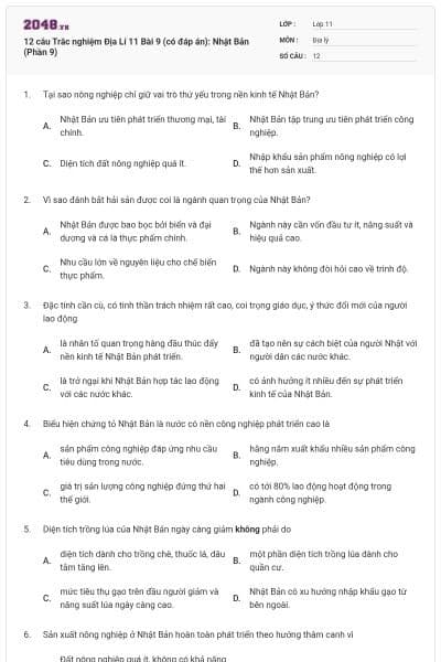 12 câu  Trắc nghiệm Địa Lí 11 Bài 9 (có đáp án): Nhật Bản (Phần 9)