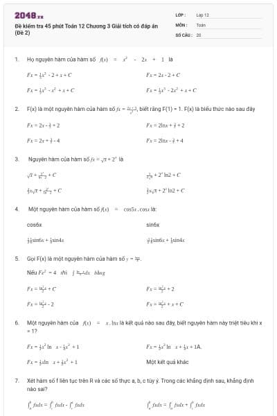 Đề kiểm tra 45 phút Toán 12 Chương 3 Giải tích có đáp án (Đề 2)