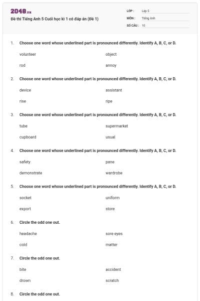 Đề thi Tiếng Anh 5 Cuối học kì 1 có đáp án (Đề 1)