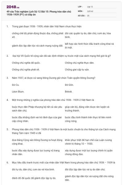 49 câu Trắc nghiệm Lịch Sử 12 Bài 15: Phong trào dân chủ 1936-1939 (P1) có đáp án