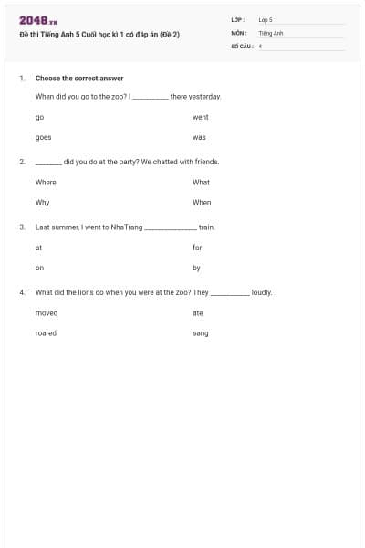 Đề thi Tiếng Anh 5 Cuối học kì 1 có đáp án (Đề 2)