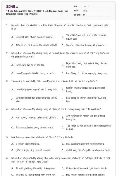 14 câu Trắc nghiệm Địa Lí 11 Bài 10 (có đáp án): Cộng Hòa Nhân Dân Trung Hoa (Phần 5)