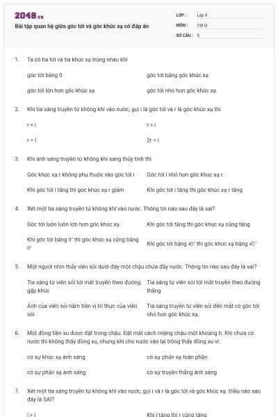Bài tập quan hệ giữa góc tới và góc khúc xạ có đáp án