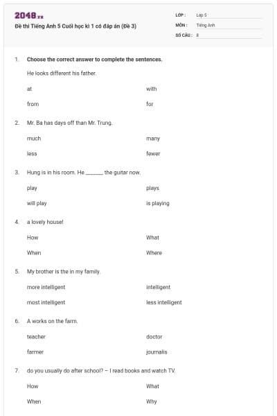 Đề thi Tiếng Anh 5 Cuối học kì 1 có đáp án (Đề 3)