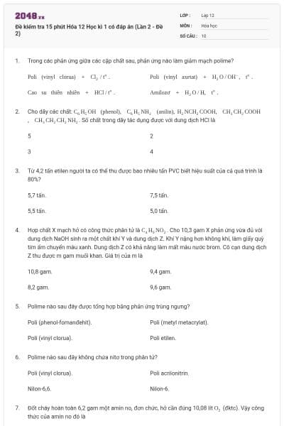 Đề kiểm tra 15 phút Hóa 12 Học kì 1 có đáp án (Lần 2 - Đề 2)