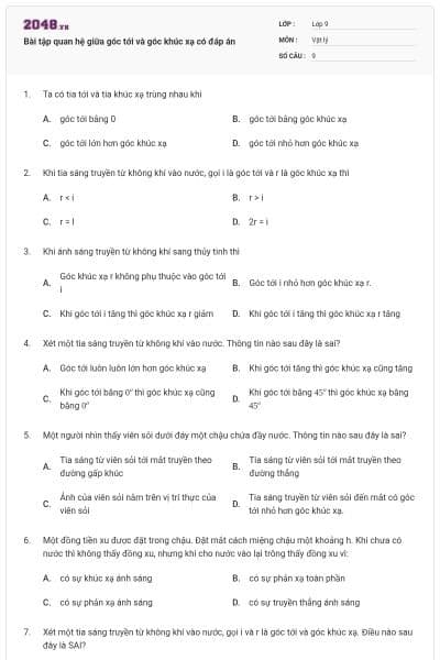 Bài tập quan hệ giữa góc tới và góc khúc xạ có đáp án