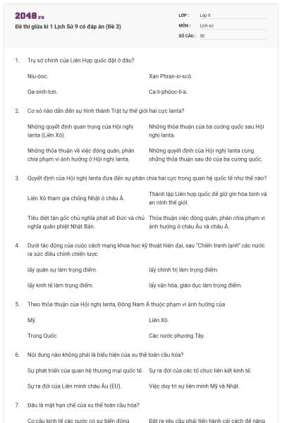 Đề thi giữa kì 1 Lịch Sử 9 có đáp án (Đề 3)