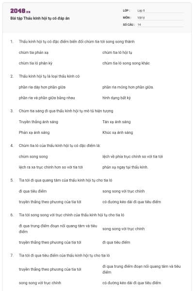 Bài tập Thấu kính hội tụ có đáp án