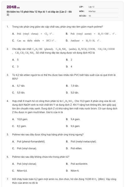 Đề kiểm tra 15 phút Hóa 12 Học kì 1 có đáp án (Lần 2 - Đề 2)